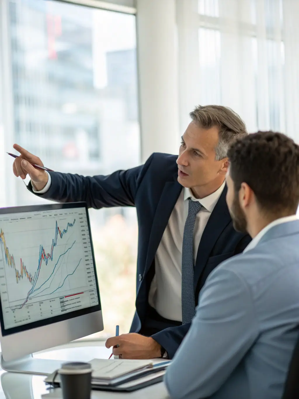 An advisor analyzing stock market charts on a computer screen, with Canadian stock exchange graphs in the background.