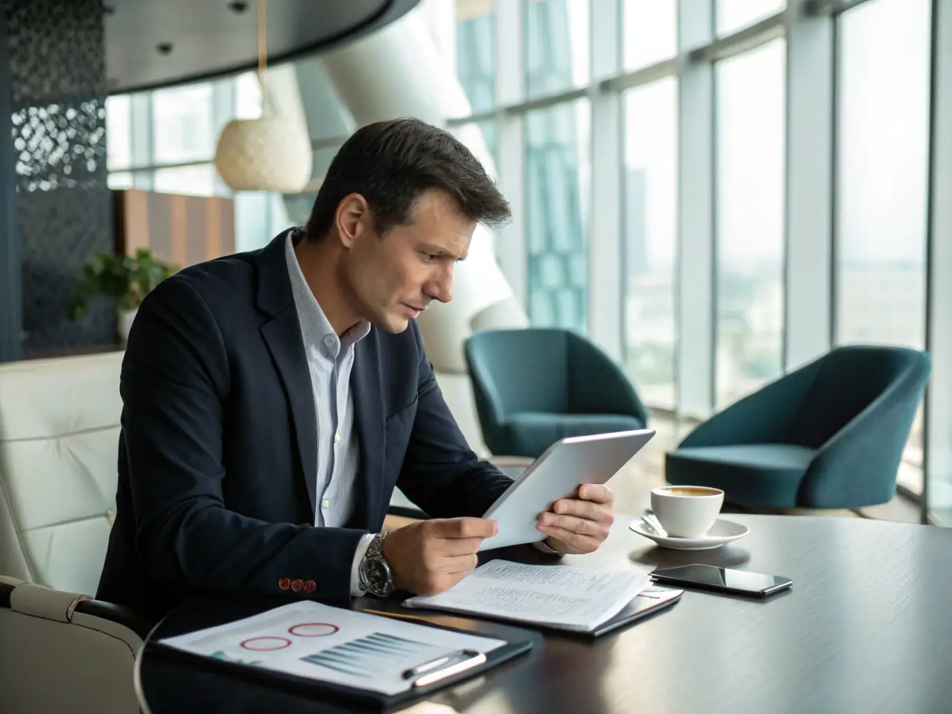 A Canadian investor reviewing a financial portfolio on a tablet, with a cityscape of Toronto in the background, symbolizing growth and opportunity.