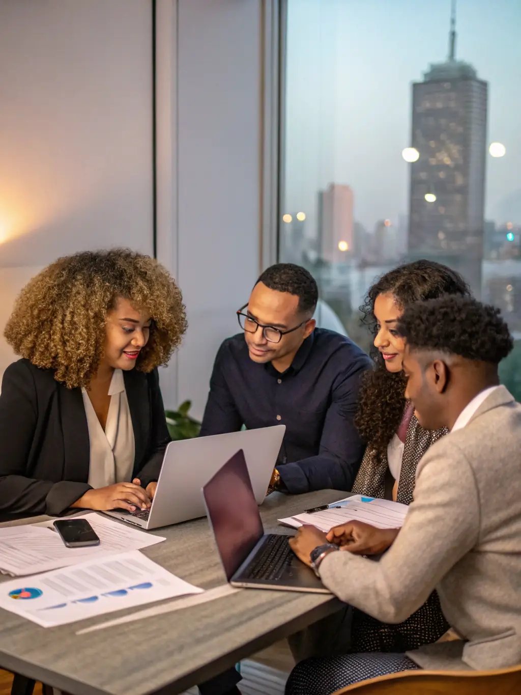 A diverse group of Canadians discussing investment options in a modern office setting, representing inclusivity and community.